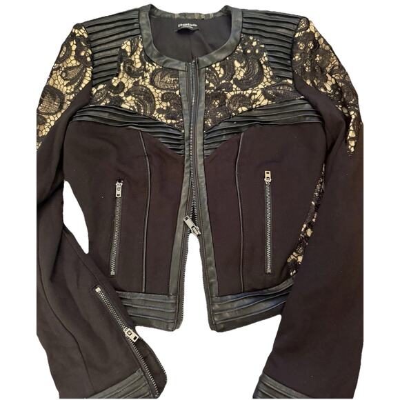 Preowned Ladies Bebe Black Cropped Mixed Media Jacket Size 2 - Picture 2 of 12
